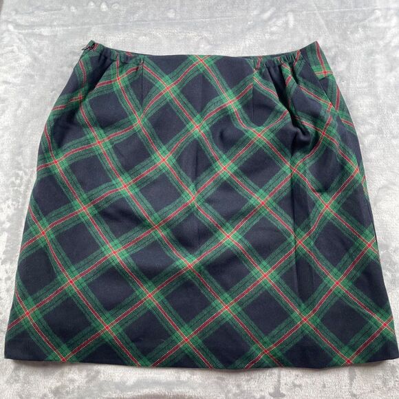 Talbots Skirt 12WP Navy Green Red Plaid Wool Blend Pencil Lined Stretch Waist - Picture 4 of 13